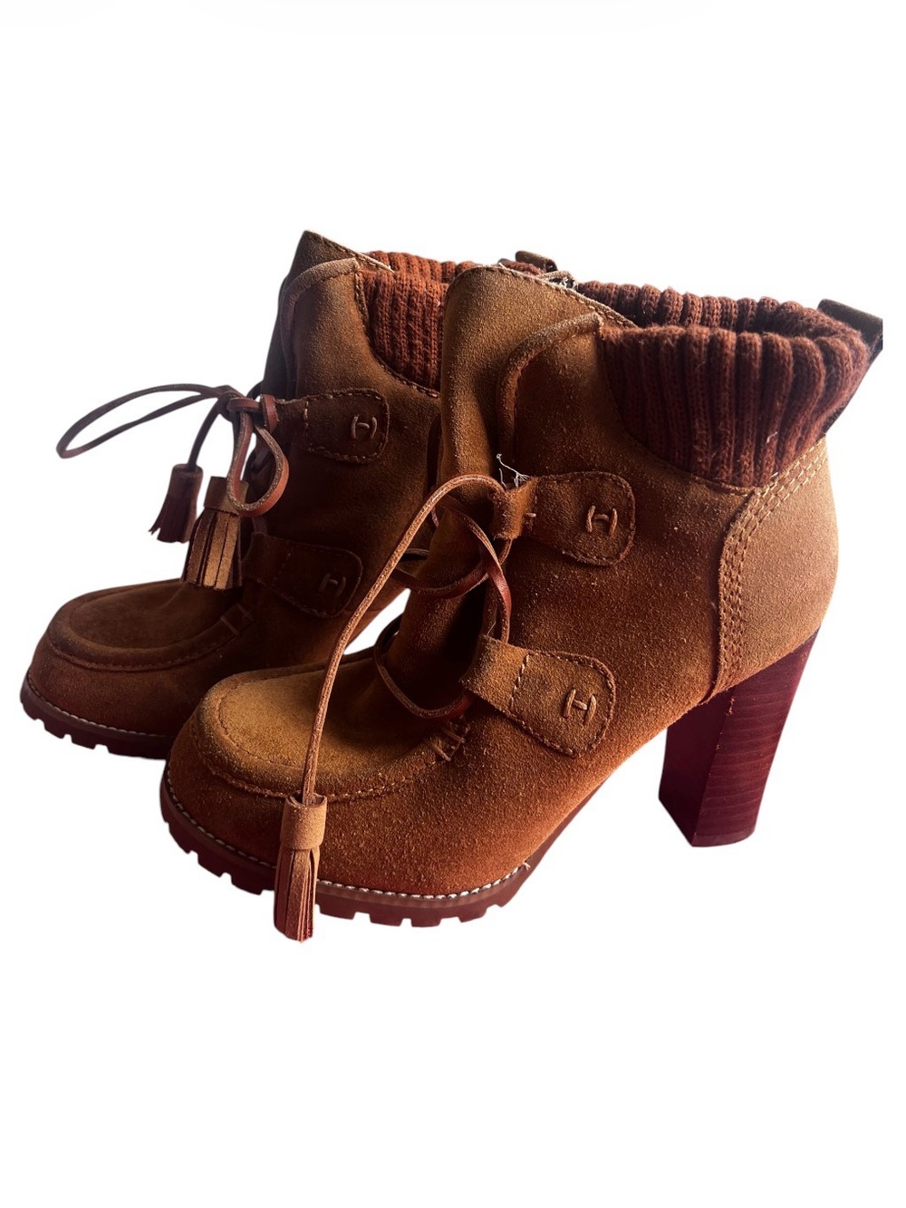 Tommy Hilfiger Suede Heeled Ankle Boots Size 6.5M Brown Boho Knit Cuff